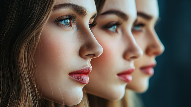 Portr&auml;taufnahme von drei sch&ouml;nen, jungen Frauen mit makelloser Haut und professionellem Make-up, im Profil nebeneinander vor dunklem Hintergrund, betont durch dramatische Beleuchtung