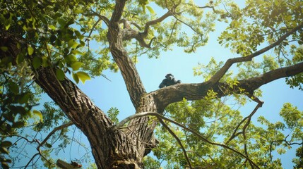 Fototapeta premium A tranquil scene of a chimpanzee resting on a thick branch of a lush green tree under a clear blue sky