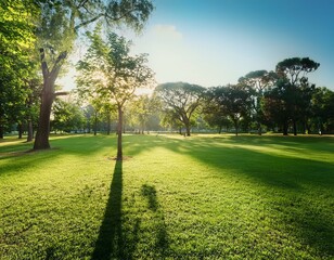 beautiful public park on the sunshine the shadow of the tree on a sunny day nature summer landscape selective focus and blurred background