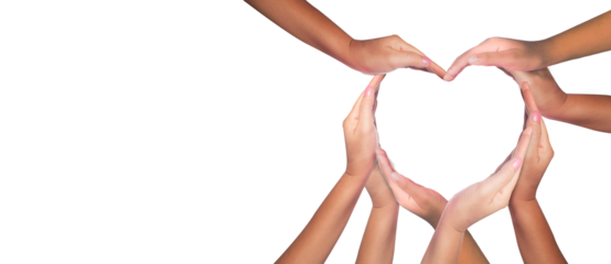 Conceptual symbol of multiracial human hands making the heart on transparent background. with a copy space in the middle. The concept of unity, cooperation, partnership, teamwork and charity. png file
