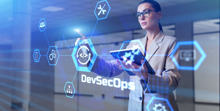 DevSecOps project development concept. Young business woman pressing button on virtual screen.