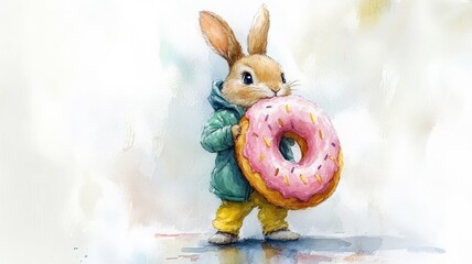 Watercolor Rabbit Character in Green Jacket and Yellow Pants with Giant Pink Doughnut, Whimsical Illustration on White Background