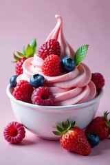 Velvety yogurt and tangy raspberries merge with plump strawberries and juicy blueberries in a stunning contrast, velvety yogurt, frozen treat, dessert art