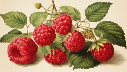 vintage botanical illustration of raspberries with leaves on the branch isolated background