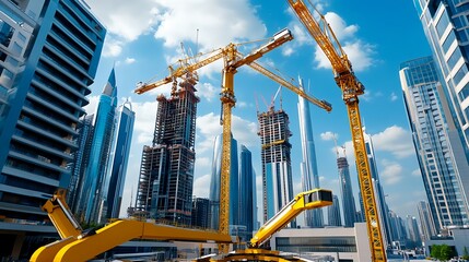 Naklejka premium Dubai Construction: Skyscrapers & Cranes - Urban Development