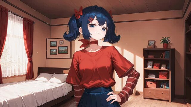 Cute anime girl on the background of the room, anime wallpaper for PC