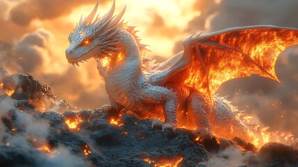 Majestic dragon amidst volcanic landscape.  Possible use fantasy art, background for book cover
