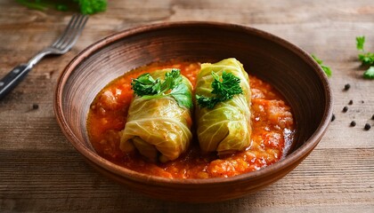 two stuffed cabbage rolls filled with rice garnished with fresh herbs served in a rustic bowl with a rich tomato sauce on a wooden table with a homely atmosphere