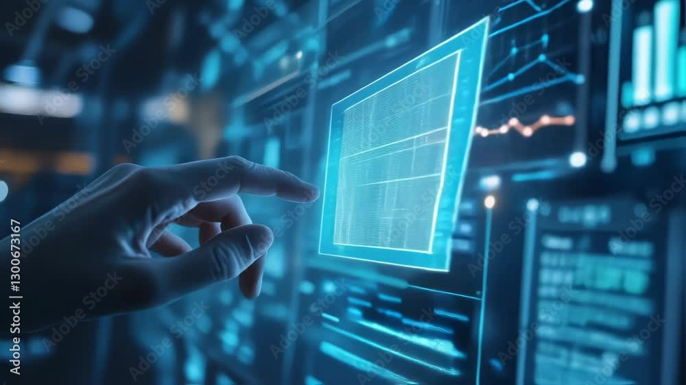 Poster advanced hand manipulating holographic interface, dynamically analyzing complex data visualizations 
