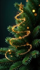 Golden wave on a dark green Christmas tree branch, wave, festive, holiday