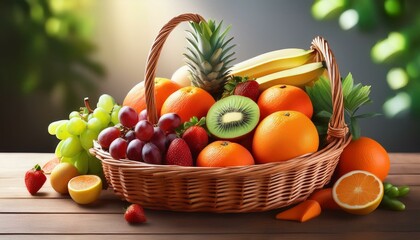 bunch of juicy delicious organic fruits in basket on table