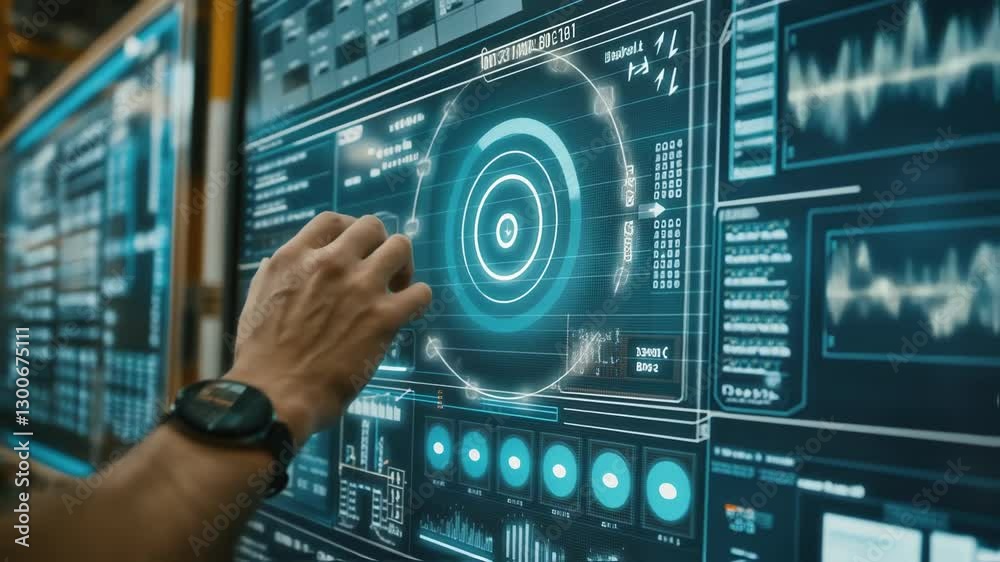 Poster industrial engineer managing and interacting with a futuristic digital touchscreen interface in a mo