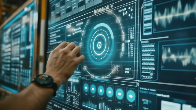 Industrial engineer managing and interacting with a futuristic digital touchscreen interface in a modern factory, visualizing production data and analytics