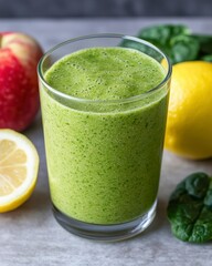 Refreshing Green Detox Smoothie in a Glass with Spinach and Fruits