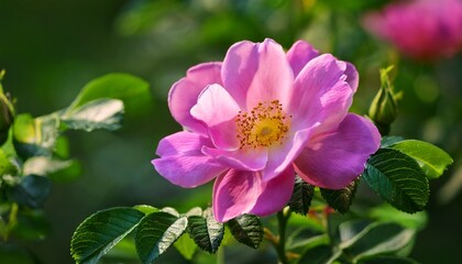 Pink Grootendorst hybrid rugosa rose blooming in summer garden