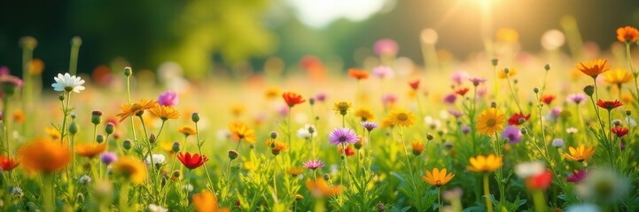 Obraz premium Dense profusion of wildflowers in a sunlit meadow, environment, floral