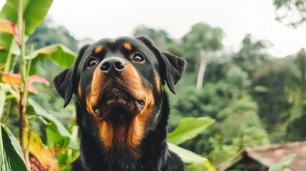 Obraz premium Majestic Rottweiler in Lush Rainforest Nature Dog Portrait