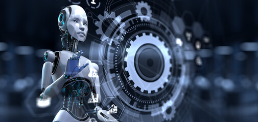 Fototapeta premium Robot Cyborg 3d render on blurred background. Innovation technology robotisation.