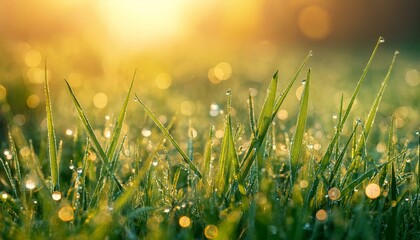dew drops cover the grass dew drops illuminated by sunlight beautiful nature in meadow green grass background