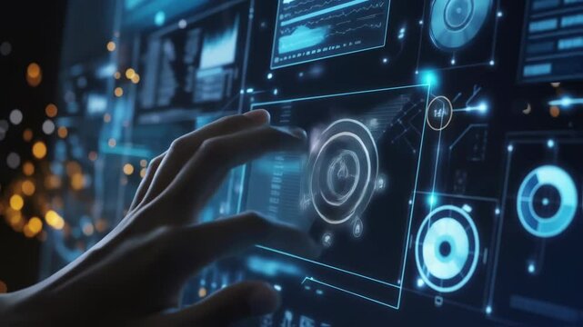 Close up hand gestures control complex data analysis on a futuristic touchscreen display. Seamlessly navigating through intricate interfaces and visualizing information in a dynamic and engaging way