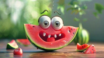 Obraz premium Cheerful animated watermelon slice with big eyes and teeth, surrounded by smaller pieces on a wooden table
