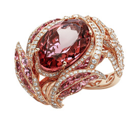 Elegant design of a luxurious ring featuring a large pink gemstone and intricate detailing for upscale jewelry collection, cut out