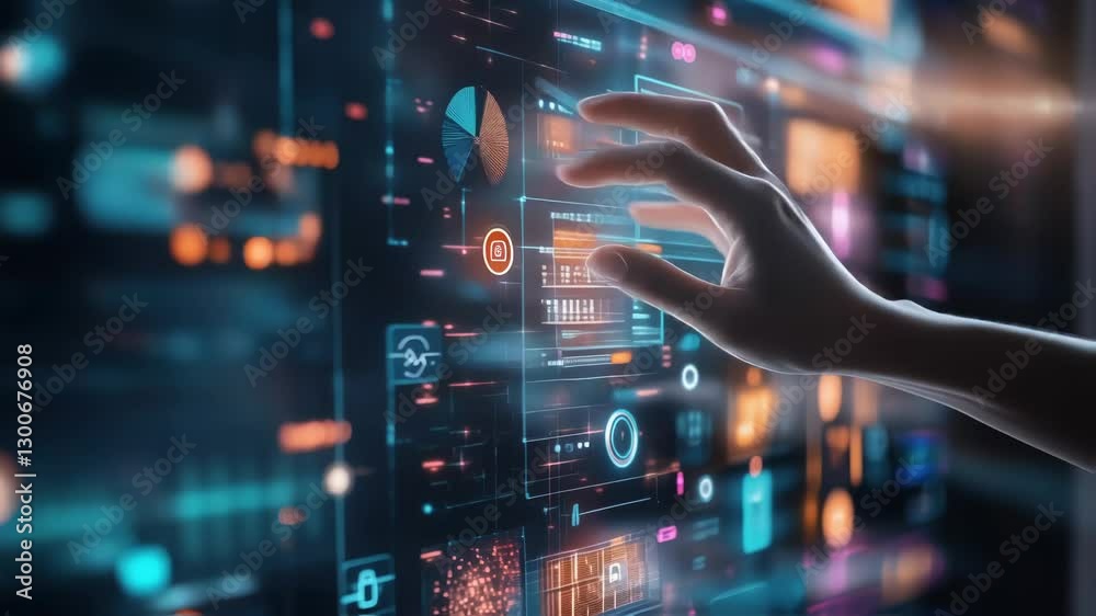 Poster businesswoman navigating a complex digital interface, manipulating data and charts with precise fing