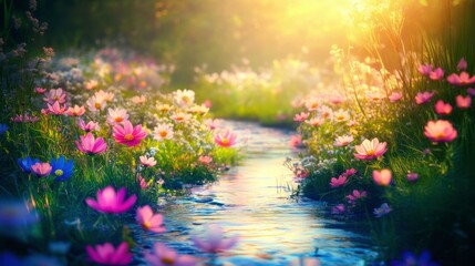 Obraz premium Vibrant Wildflowers by Calm River at Golden Hour