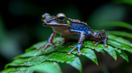 Obraz premium Vibrant Blue legged Frog on Lush Green Leaf Rainforest Amphibian Closeup