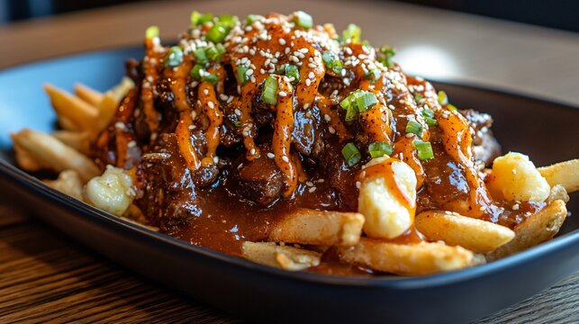 Korean kimchi poutine with sweet soy-braised beef, gochujang-infused gravy, and crispy tempura cheese curds, plated on a sleek black dish