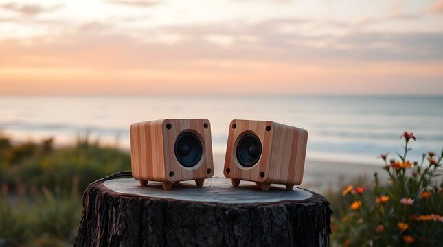 stock photo Two small, natural wood speakers on a tree stump, facing the camera against a sunset coastal landscape