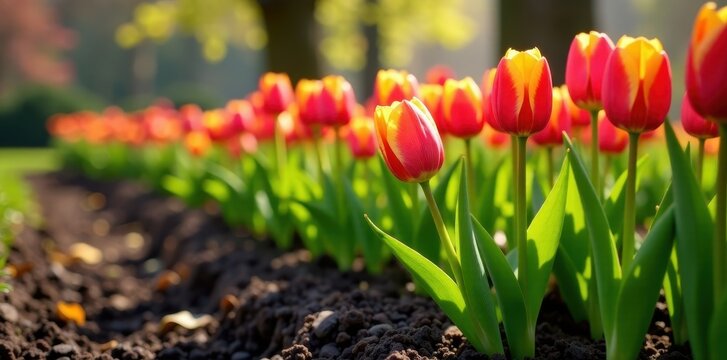 Early spring mulch application, vibrant tulips blooming nearby, mulch, nature