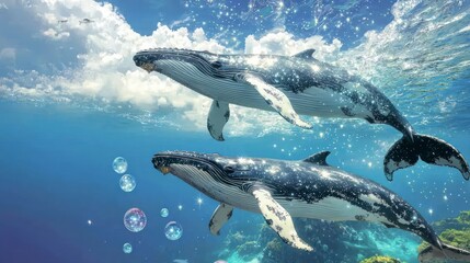 Obraz premium Magical Whales Ocean Dreamscape Underwater Fantasy Sparkling Whales Celestial Sea