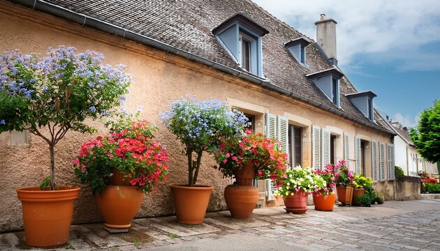 plante fleurie en pot devant la facade d une jolie maison en france