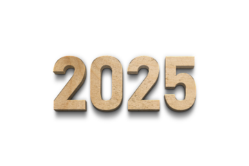 Wooden numbers spelling 2025 on a brown wood background. Representing a new year, time, growth, and progress.