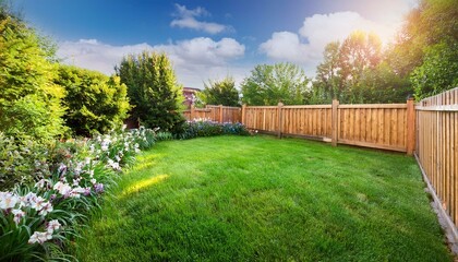 green grass lawn flowers and wooden fence in summer backyard garden