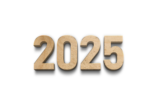 Wooden numbers spelling 2025 on a brown wood background. Representing a new year, time, growth, and progress.