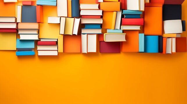 Colorful books arranged on an orange background