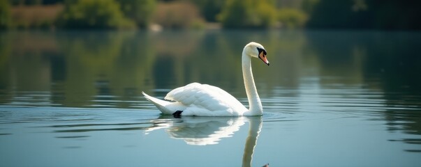 Obraz premium Elegant white swan glides on calm lake, perfect reflection , bird photography, calm, water