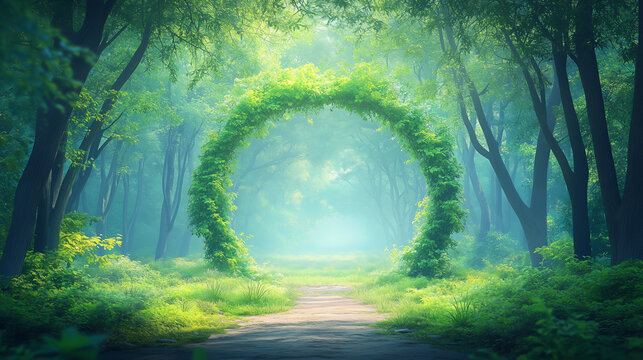 Mystical forest path with circular vine archway - Powered by Adobe