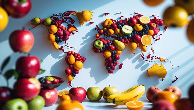 A vibrant world map created from various fruits illustrates the richness of global crops. Apples, oranges, and berries depict continents against a blue backdrop - Powered by Adobe