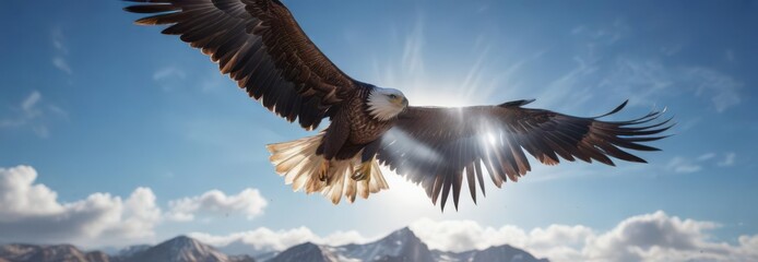 Obraz premium A majestic eagle's wings in mid-flight against a bright blue sky, wings, clouds