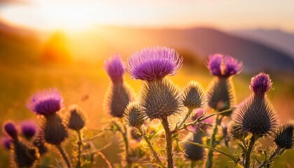 thistle blooming in the meadow selective and soft focus on the thistle flowers illuminated by the sun s rays