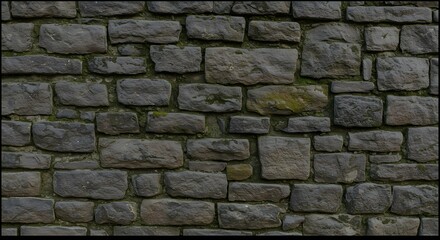 Obraz premium Rustic Stone Wall with Weathered Texture and Green Moss in Natural Light