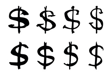 Hand drawn dollar currency symbol set Brush stroke doodle Single element for design