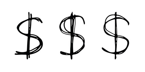 Hand drawn dollar currency symbol set Brush stroke doodle Single element for design