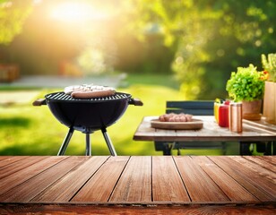summer time in backyard garden with grill bbq wooden table blurred background