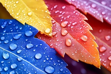Vibrant Dewdrops on Autumn Leaves - Macro photography