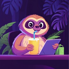 A cheerful sloth enjoying a drink while using a tablet in a vibrant jungle setting.
