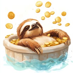 A cheerful sloth enjoying a relaxing bath filled with golden coins, radiating happiness and leisure.